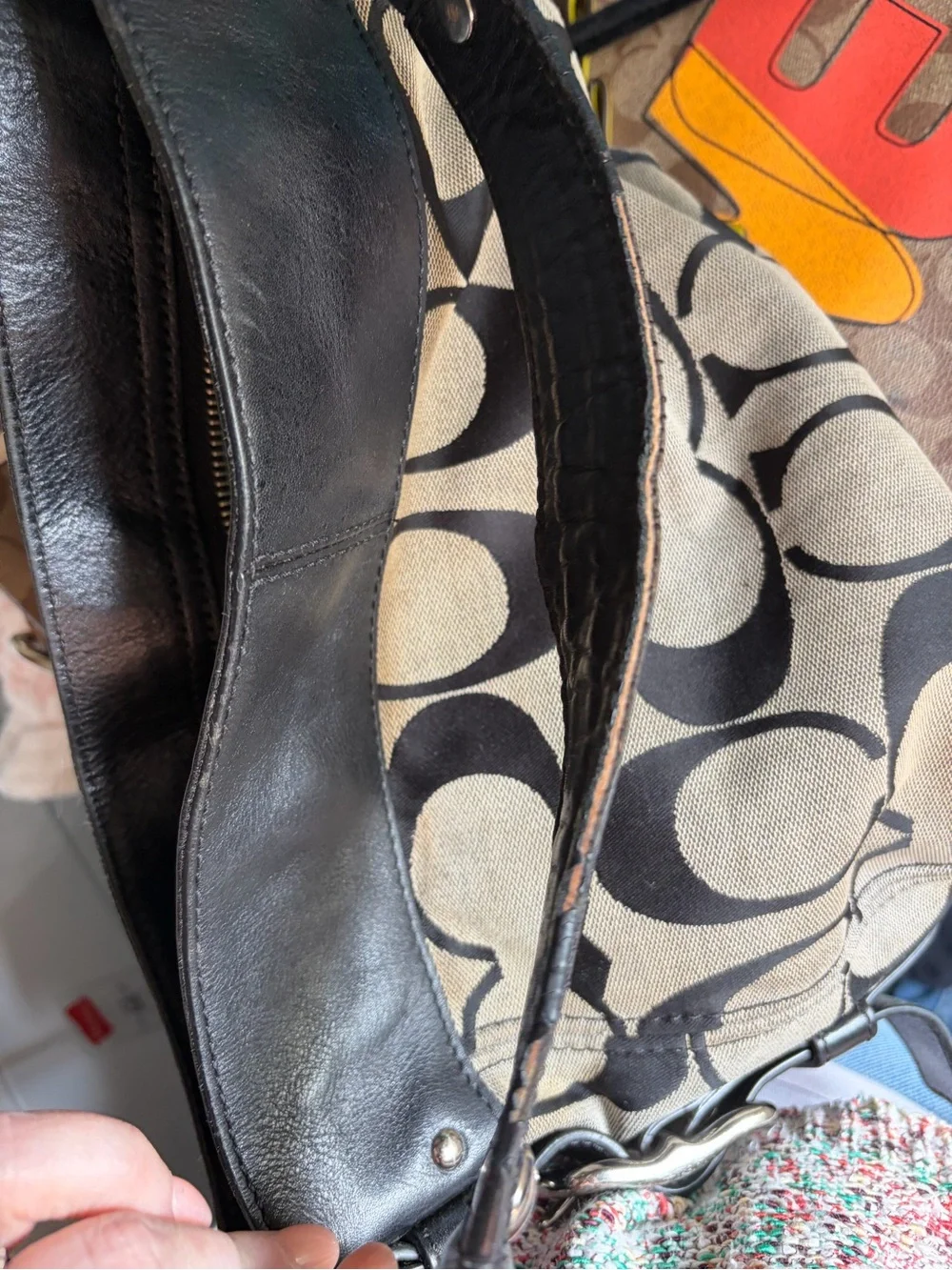 Coach Large Signature Canvas & Black Leather Hobo